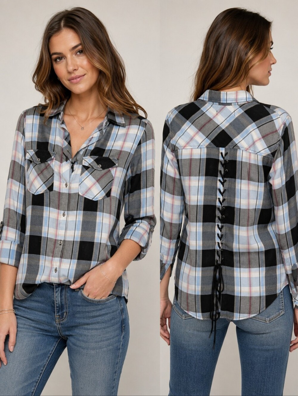 Billy T Lace-Up Back Plaid Lyocell Button Front Shirt Size Small